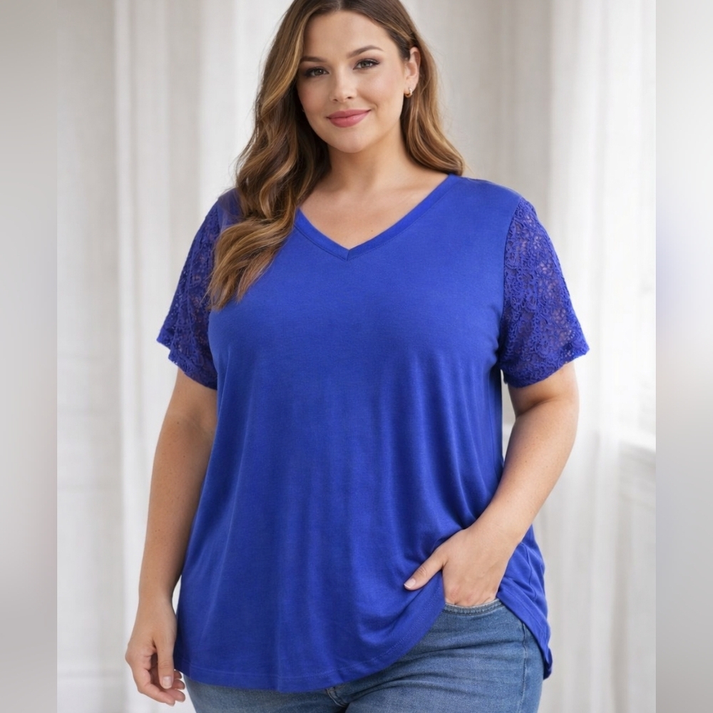 2XL Royal Blue Lace Sleeve V-Neck Top | Super Soft Plus Size Top